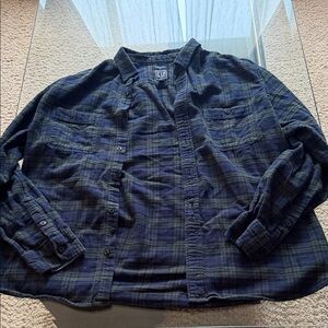 GAP Navy and Green Plaid Button-Up Shirt